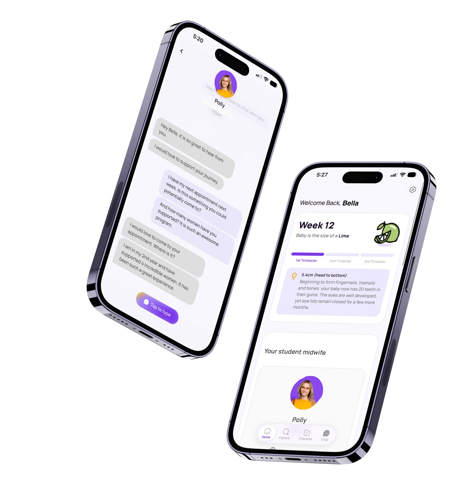 MidwithMe app on two iPhones: a chat with a student midwife, and a pregnancy week view