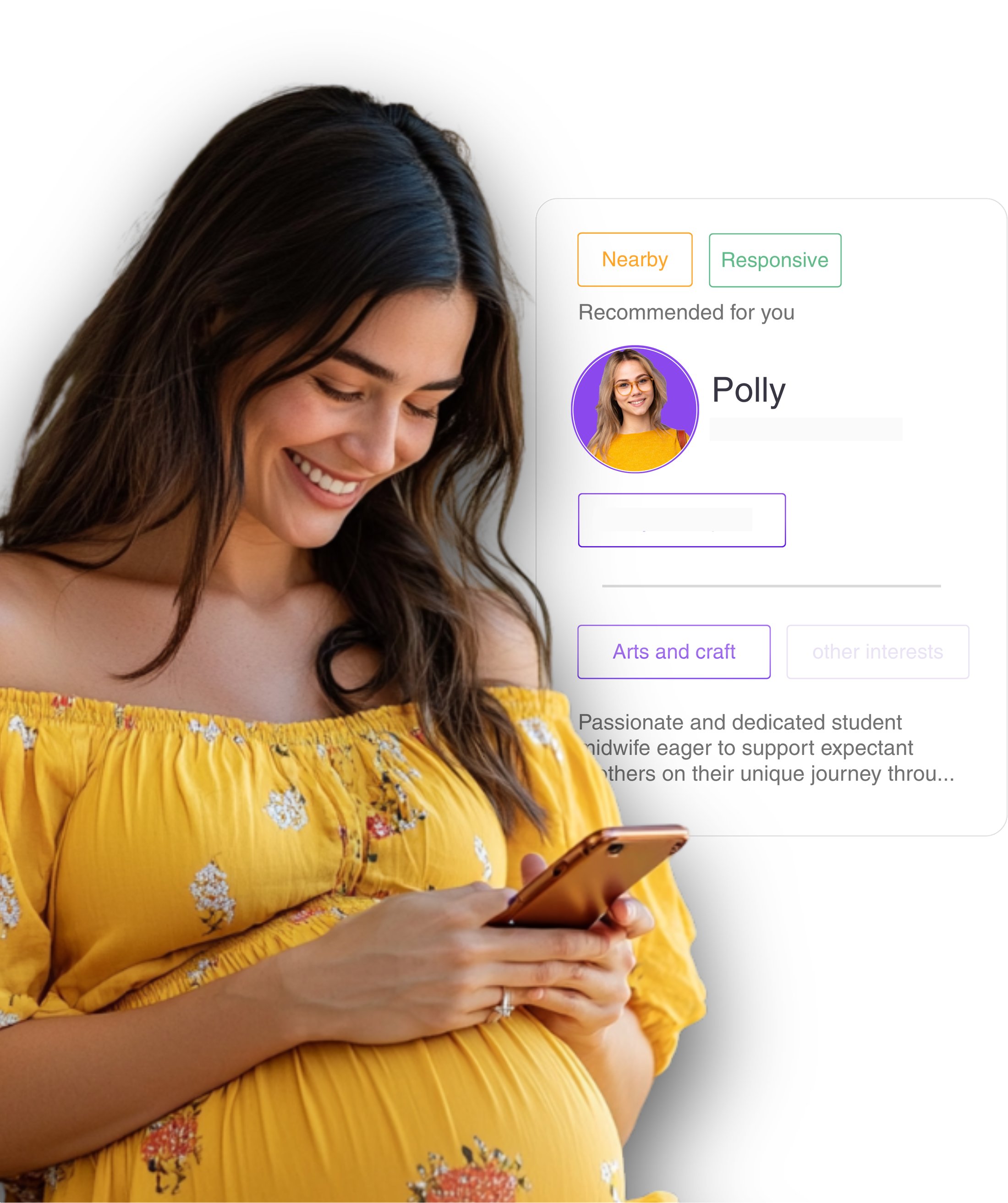 Pregnant woman browsing MidwithMe with a student midwife profile card